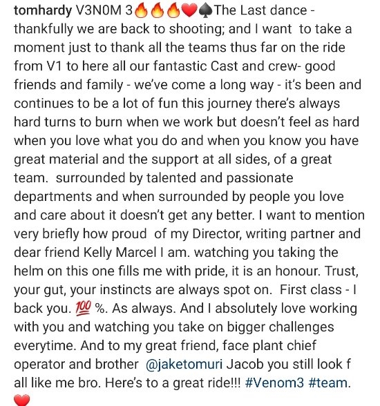 汤姆哈迪晒照宣布《毒液3》恢复拍摄 哈迪:没有比这更好的了(图2) 汤姆哈迪晒照宣布《毒液3》恢复拍摄:这是最后一舞