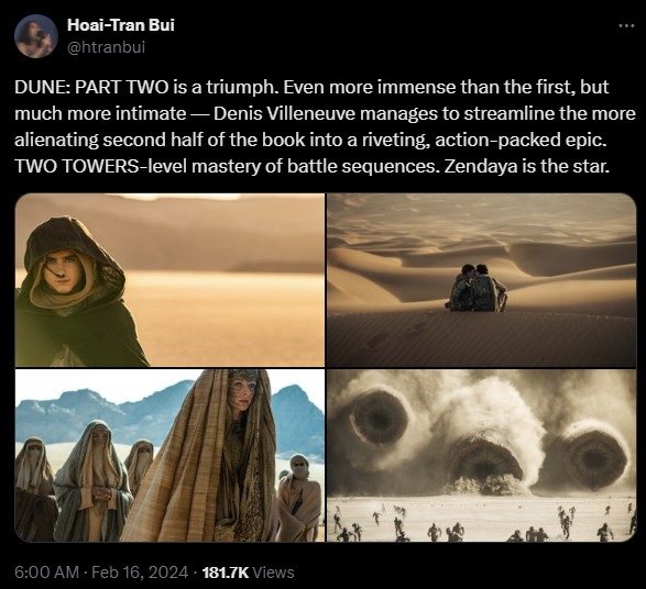 《沙丘2》获得一致好评,无疫情干扰,赞达亚与甜茶的号召力今非昔比(图2) 《沙丘2》获得一致好评