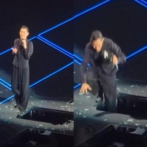 刘德华深圳巡演升降台出问题，不慎踩空造成手部轻微擦伤